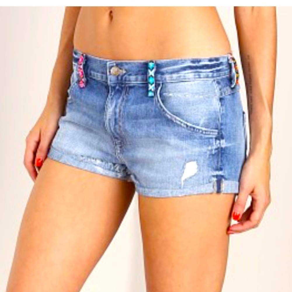 Wildfox blue denim Michelle boho embroidery detail shorts in kismet 24